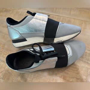 Balenciaga race runner sneakers metallic silver grey black leather tennis shoes
